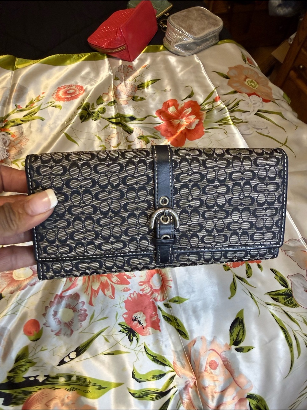 Coach Hampton Signature black and grey jacquard canvas trifold wallet